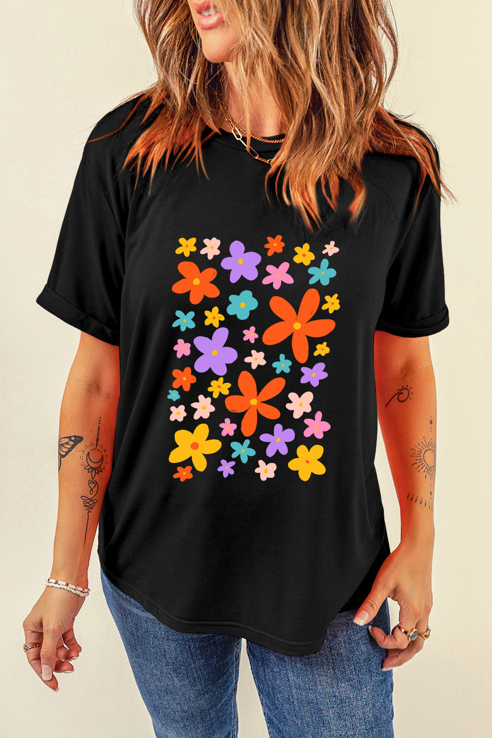 Flower Graphic Round Neck Short Sleeve T-Shirt-Jewearrings