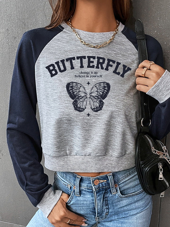 Round Neck Raglan Sleeve Butterfly Graphic Sweatshirt-Jewearrings