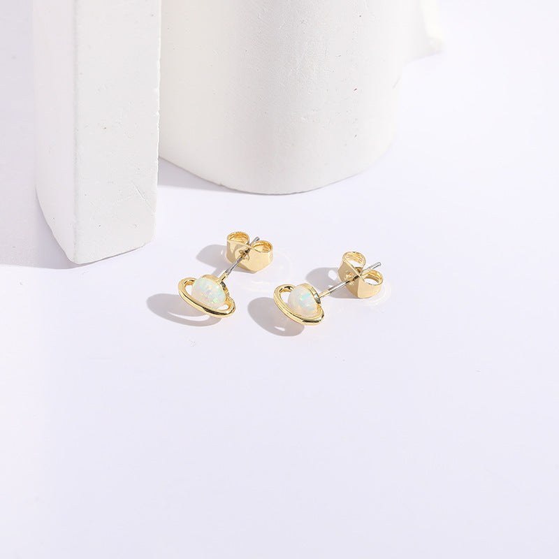 Minimalist White Fire Opal Planet Stud Earrings-Jewearrings