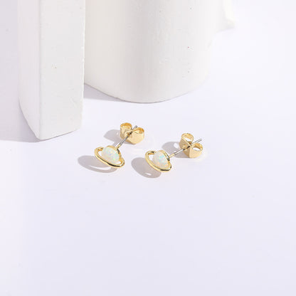 Minimalist White Fire Opal Planet Stud Earrings-Jewearrings