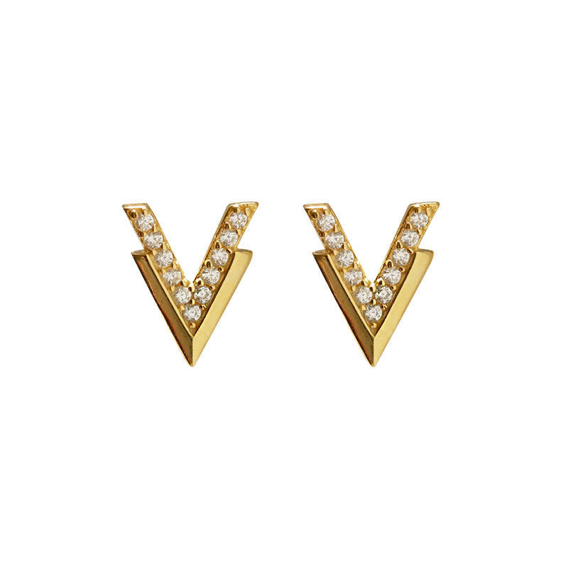 Zircon Inlaid Silver Double V Earrings Letters-Jewearrings