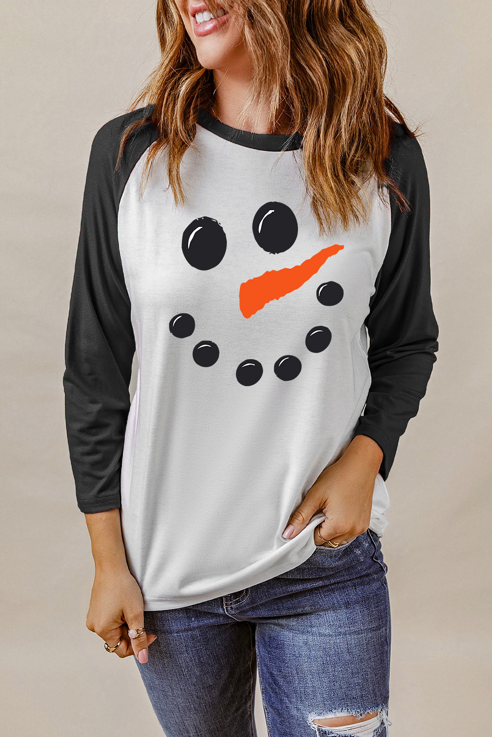 Snowman Graphic Raglan Sleeve T-Shirt-Jewearrings