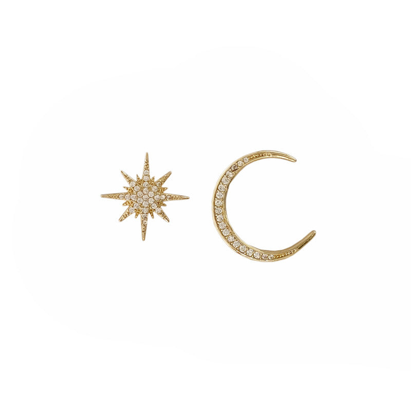 Real Gold Zircon Micro-Set Octopus And Moon Asymmetric Stud Earrings-Jewearrings