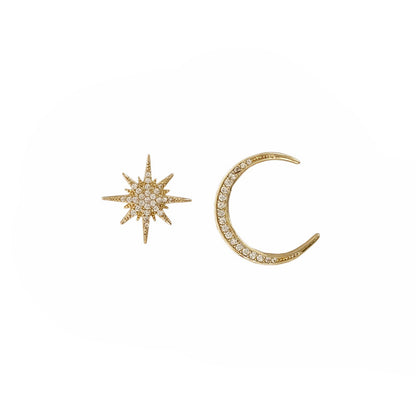 Real Gold Zircon Micro-Set Octopus And Moon Asymmetric Stud Earrings-Jewearrings