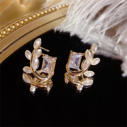 Zircon Pearl Leaf-shapepd Stud Earrings Graceful And Fashionable Earrings-Jewearrings