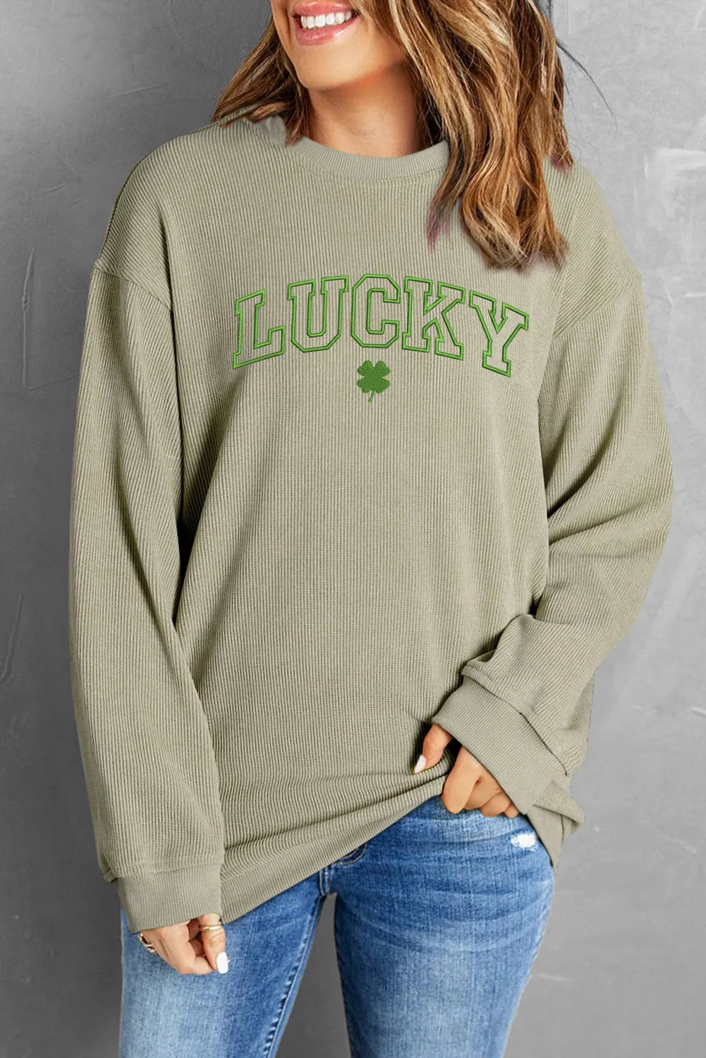 LUCKY Round Neck Dropped Shoulder Sweatshirt-Jewearrings