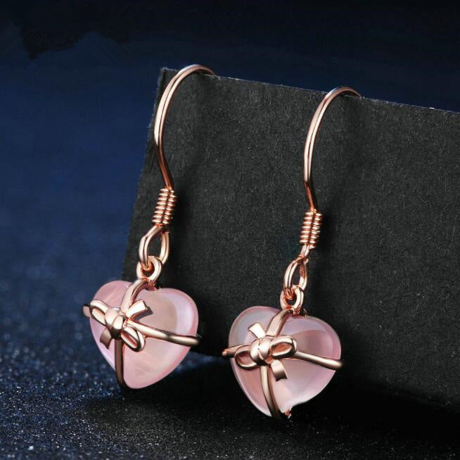 Fine Jewelry Earrings Girl Heart 100 Natural Rose Quartz 925 Sterling Silver Bowknot Jewelry Earrings-Jewearrings