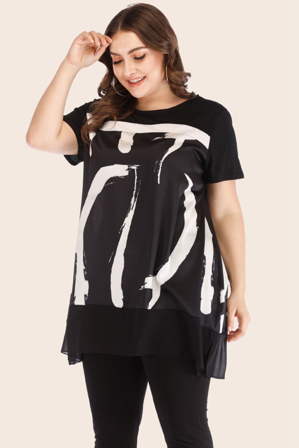 Plus Size Contrast Spliced Mesh T-Shirt and Cropped Leggings Set-Jewearrings