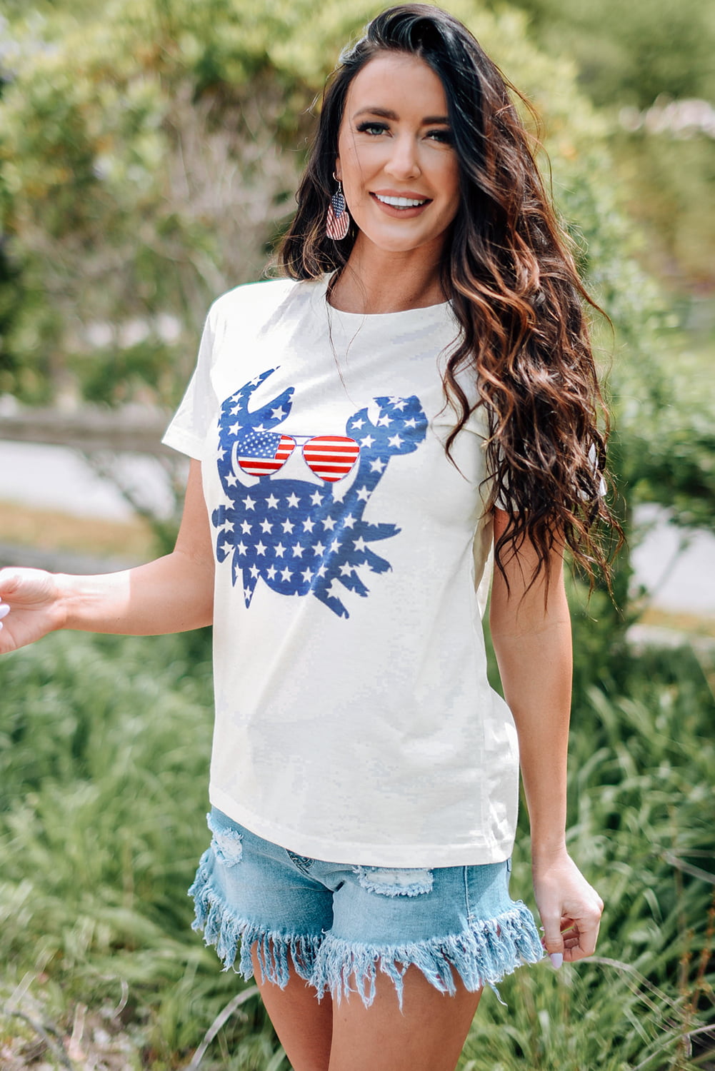 US Flag Crab Graphic Round Neck Tee-Jewearrings