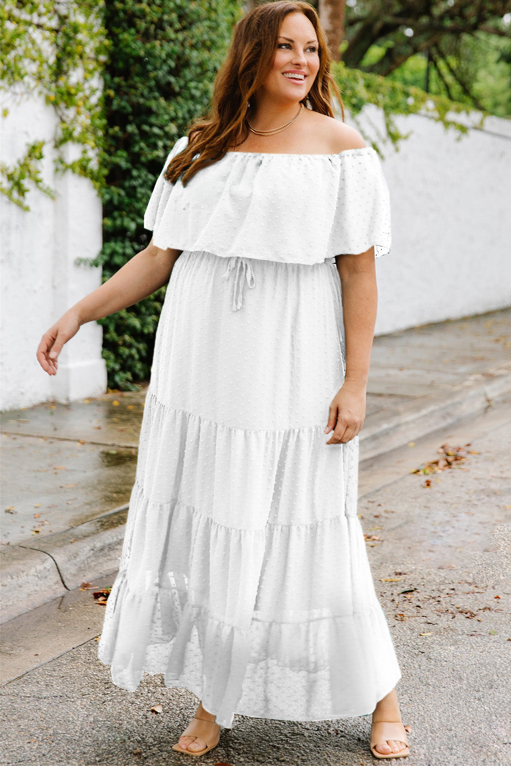 Plus Size Swiss Dot Off-Shoulder Tiered Dress-Jewearrings