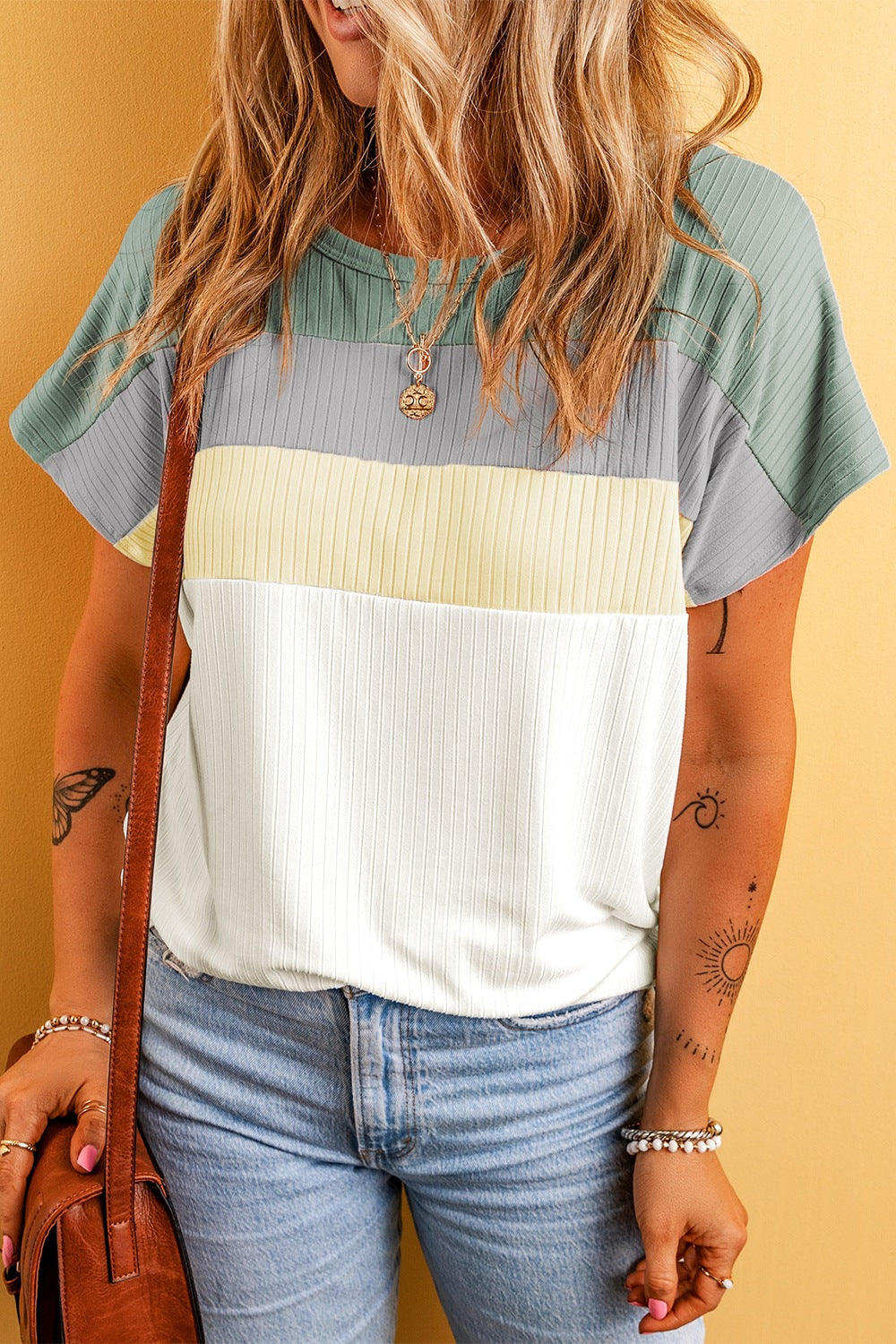 Color Block Round Neck Short Sleeve T-Shirt-Jewearrings