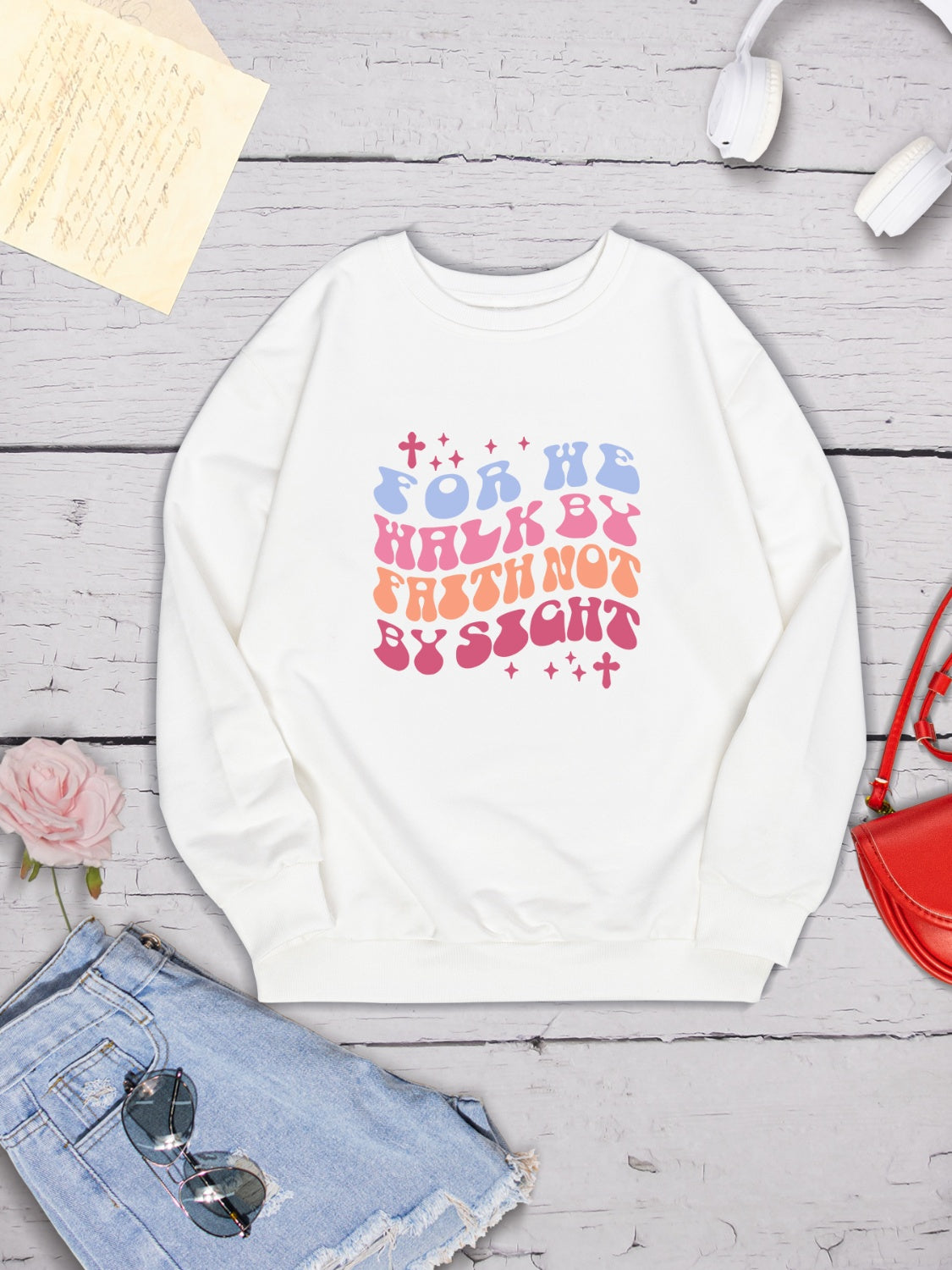 FOR WE WALK BY FAITH NOT BY SIGHT Round Neck Sweatshirt-Jewearrings