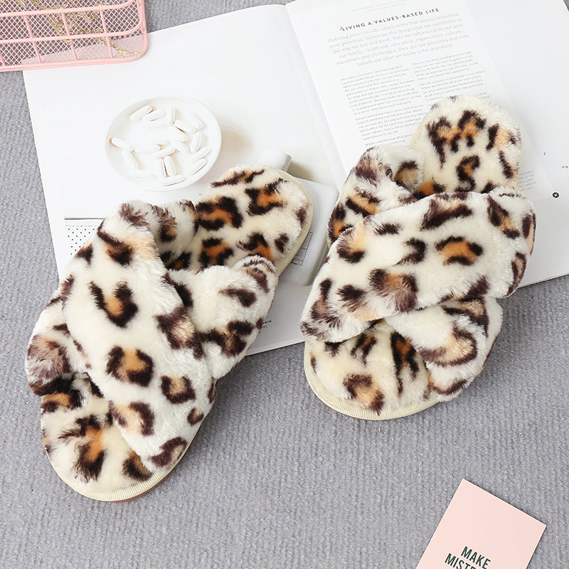 Faux Fur Crisscross Strap Slippers-Jewearrings