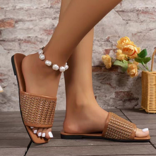 Rattan Woven Flat Sandals-Jewearrings