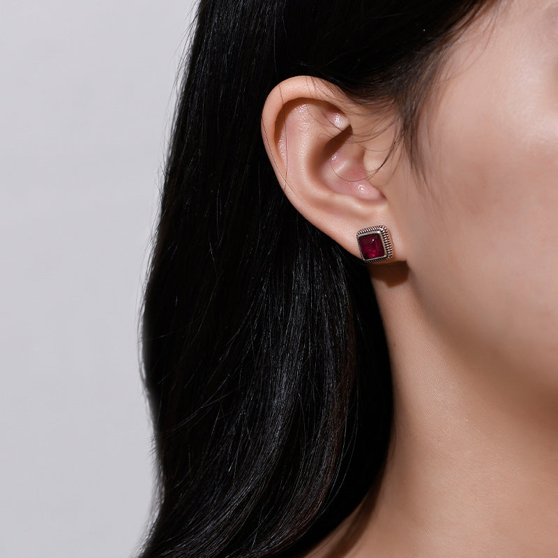 S925 Silver Vintage Court Style Simple Geometric Square Ruby Stud Earrings-Jewearrings