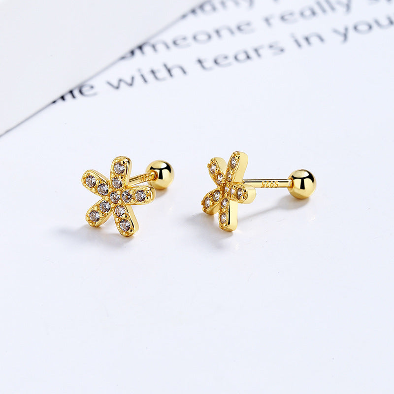 Women's Simple Sterling Silver Screw Pattern Flower Earrings-Jewearrings