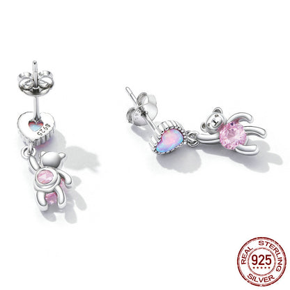 S925 Sterling Silver Zircon Love Bear Stud Earrings-Jewearrings