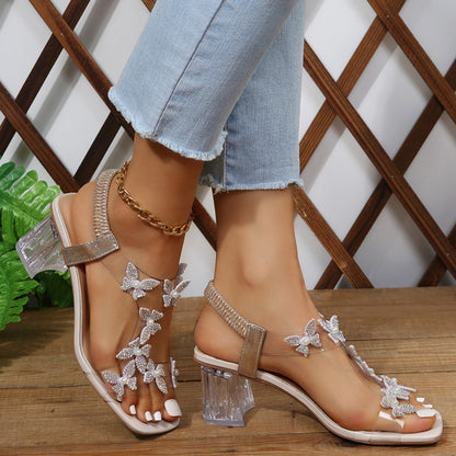 Butterfly Detail Open Toe Mid Heel Sandals-Jewearrings