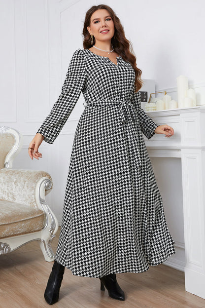 Melo Apparel Plus Size Notched Neck Houndstooth Tie Belt Maxi Dress-Jewearrings