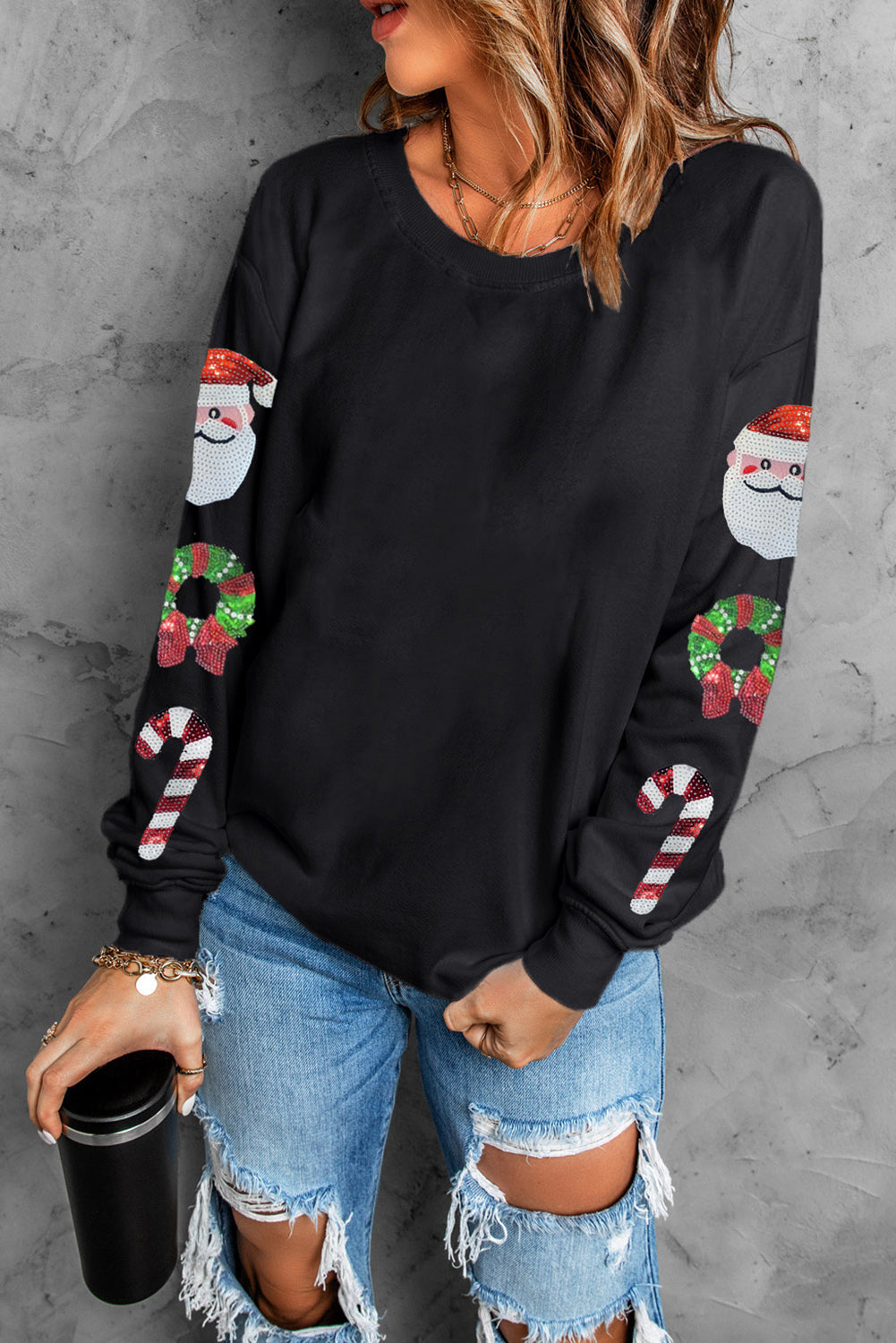 Sequin Christmas Element Round Neck Sweatshirt-Jewearrings