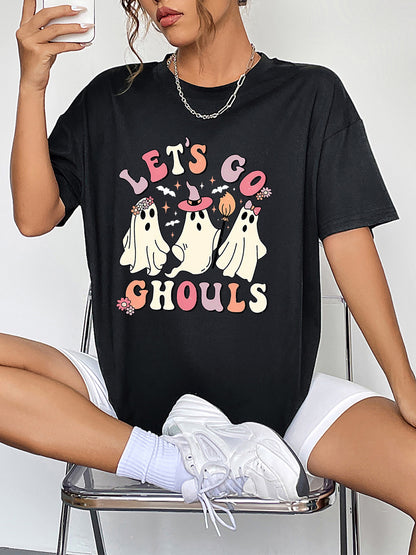 Round Neck Short Sleeve LET'S GO GHOULS Graphic T-Shirt-Jewearrings