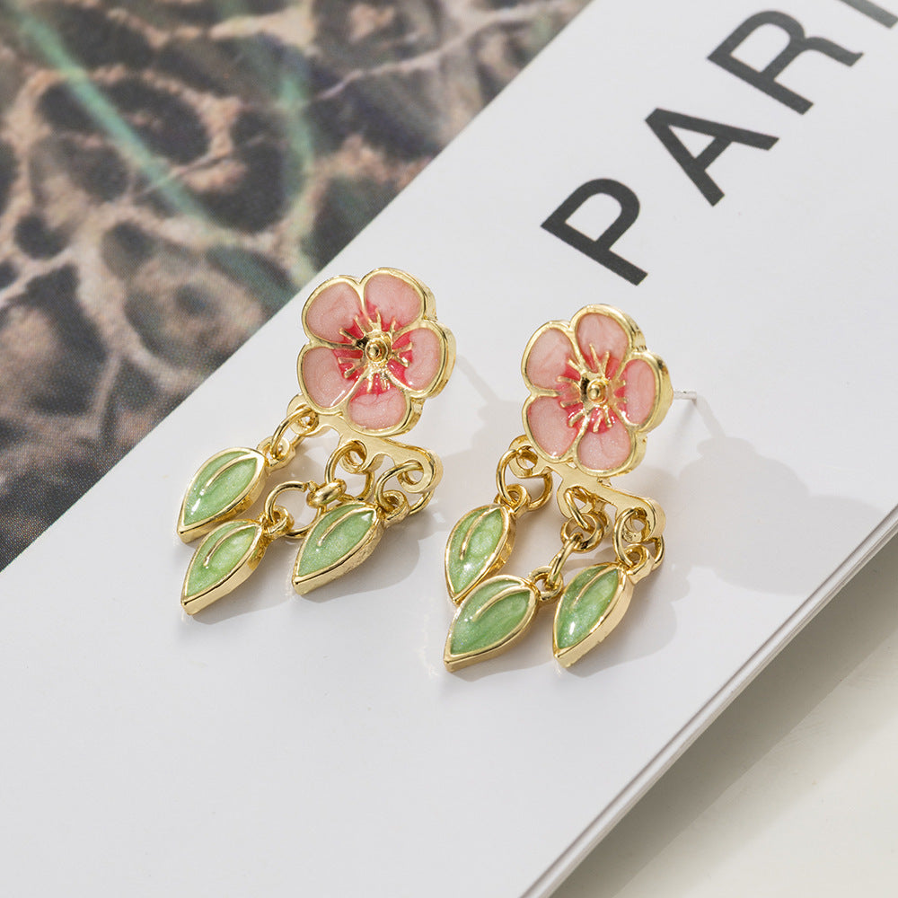 Special-interest Design Drop Oil Peach Blossom Leaf-shapepd Stud Earrings-Jewearrings