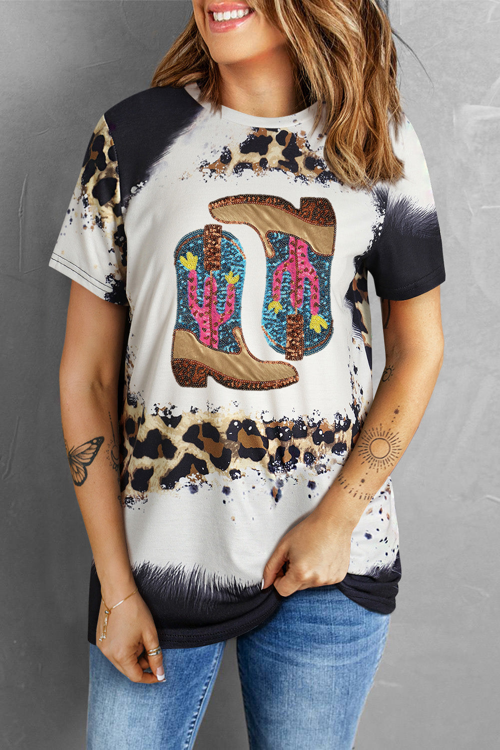 Sequin Boots Leopard Round Neck Short Sleeve T-Shirt-Jewearrings