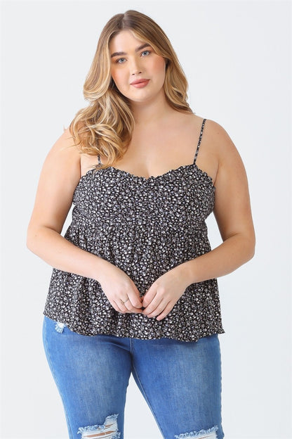 Zenobia Plus Size Frill Smocked Floral Sweetheart Neck Cami-Jewearrings