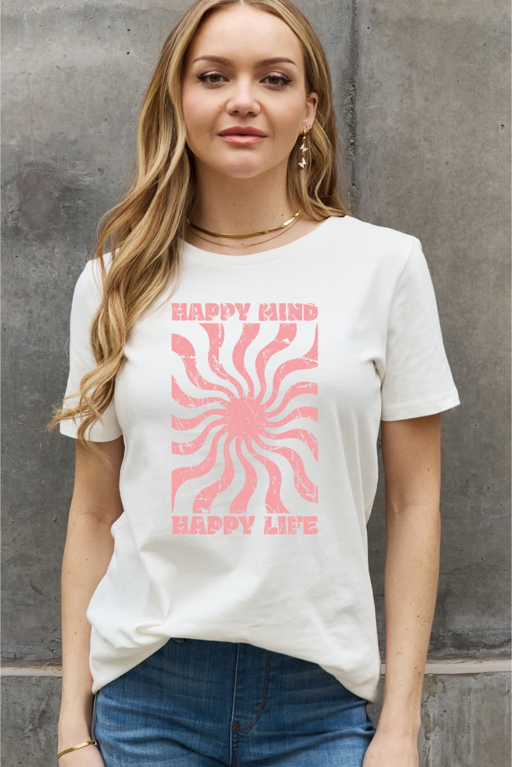 Simply Love Full Size HAPPY MIND HAPPY LIFE Graphic Cotton Tee-Jewearrings