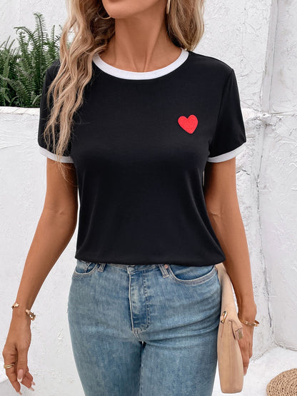 Heart Round Neck Short Sleeve T-Shirt-Jewearrings