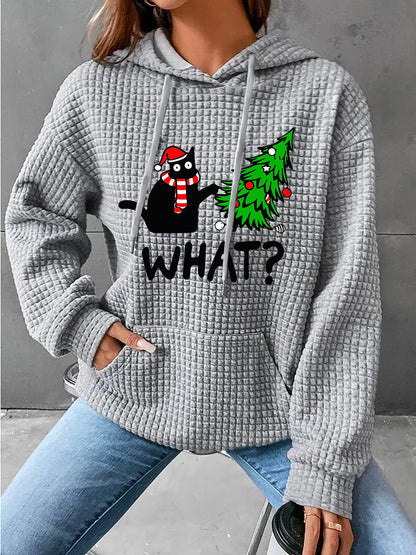 Full Size WHAT Graphic Waffle-Knit Long Sleeve Drawstring Hoodie-Jewearrings