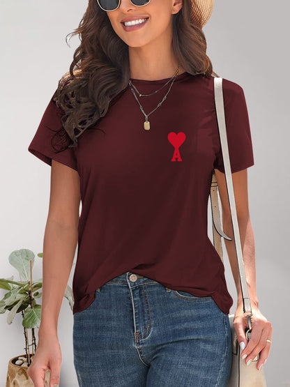 Heart Round Neck Short Sleeve T-Shirt-Jewearrings