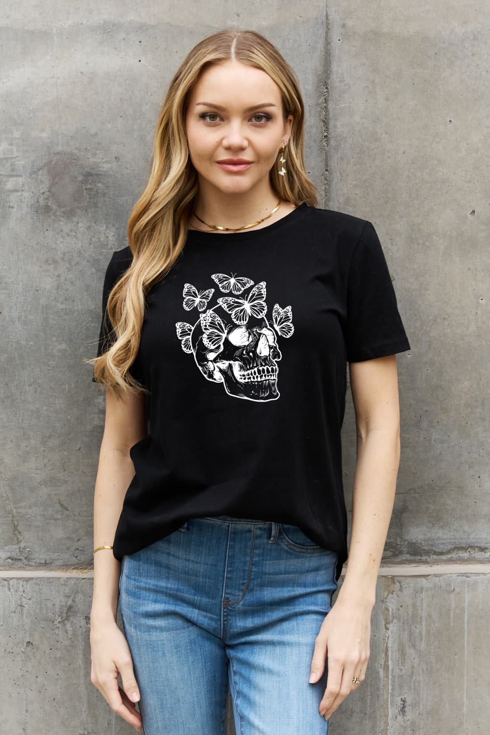 Simply Love Full Size Butterfly Skull Graphic Cotton Tee-Jewearrings