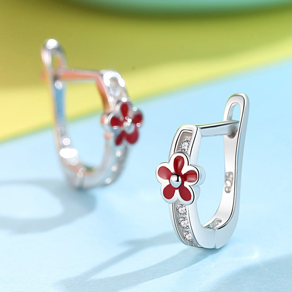 S925 Sterling Silver Drop Oil Red Flower Earrings For Children-Jewearrings