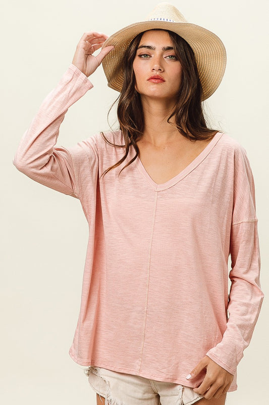 BiBi Exposed Seam V-Neck Long Sleeve T-Shirt-Jewearrings