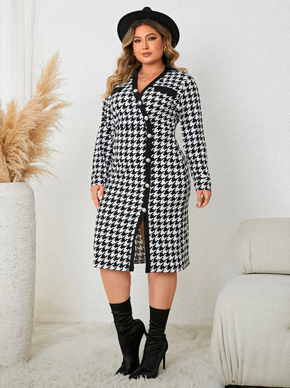 Plus Size Houndstooth Long Sleeve Slit Dress-Jewearrings