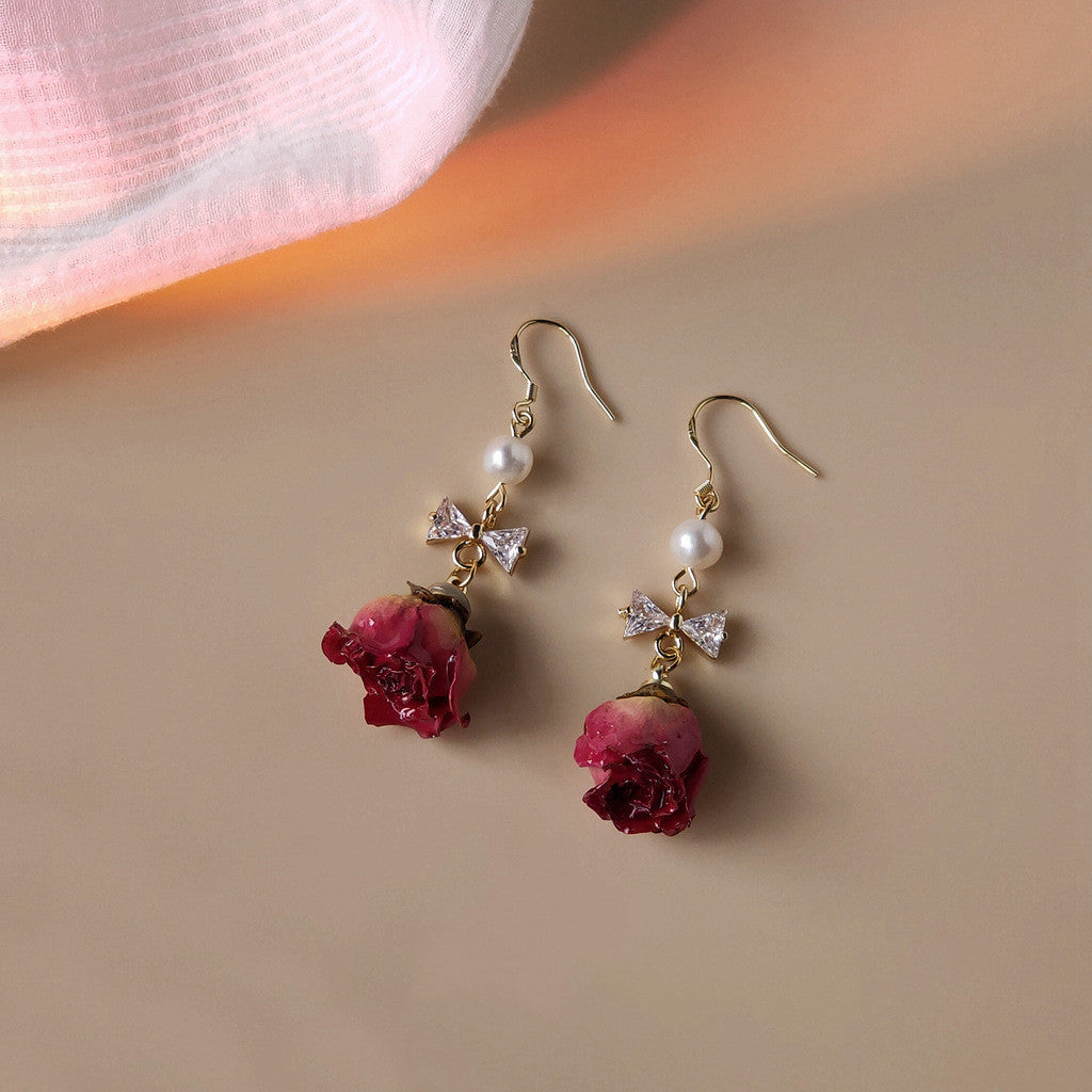 Silver Needle Vintage Hong Kong Air-dried Rose Earrings-Jewearrings