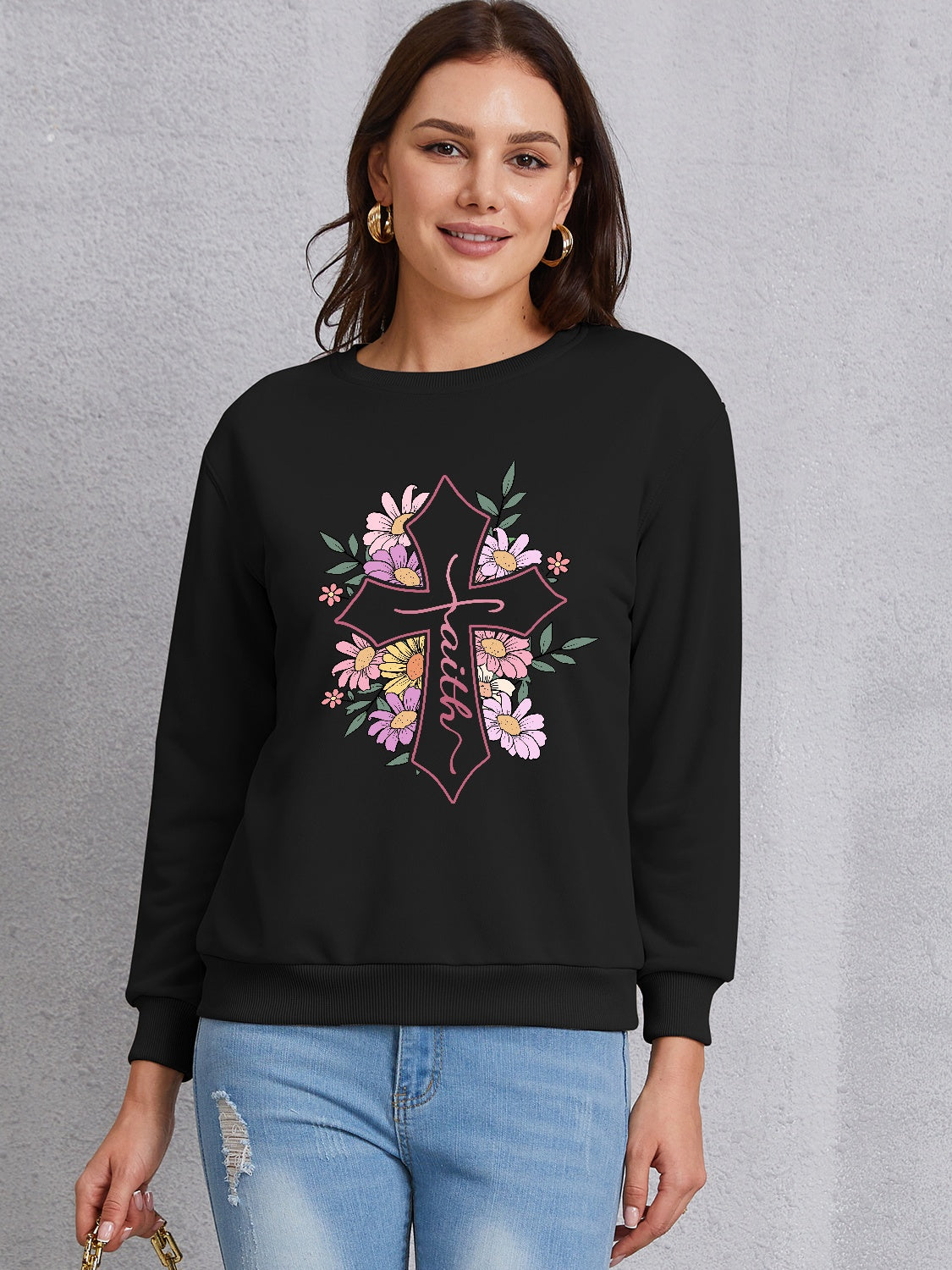 Cross Graphic Round Neck Dropped Shoulder Sweatshirt-Jewearrings