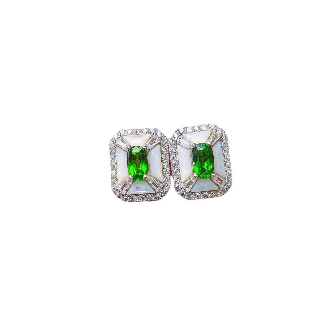 Natural Diopside Stud Earrings S925 Silver Inlaid Main Stone-Jewearrings