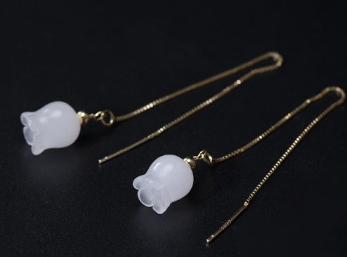 White Jade Wind Chimes Silver Earrings Retro Ethnic Style Earrings Simple Lady-Jewearrings