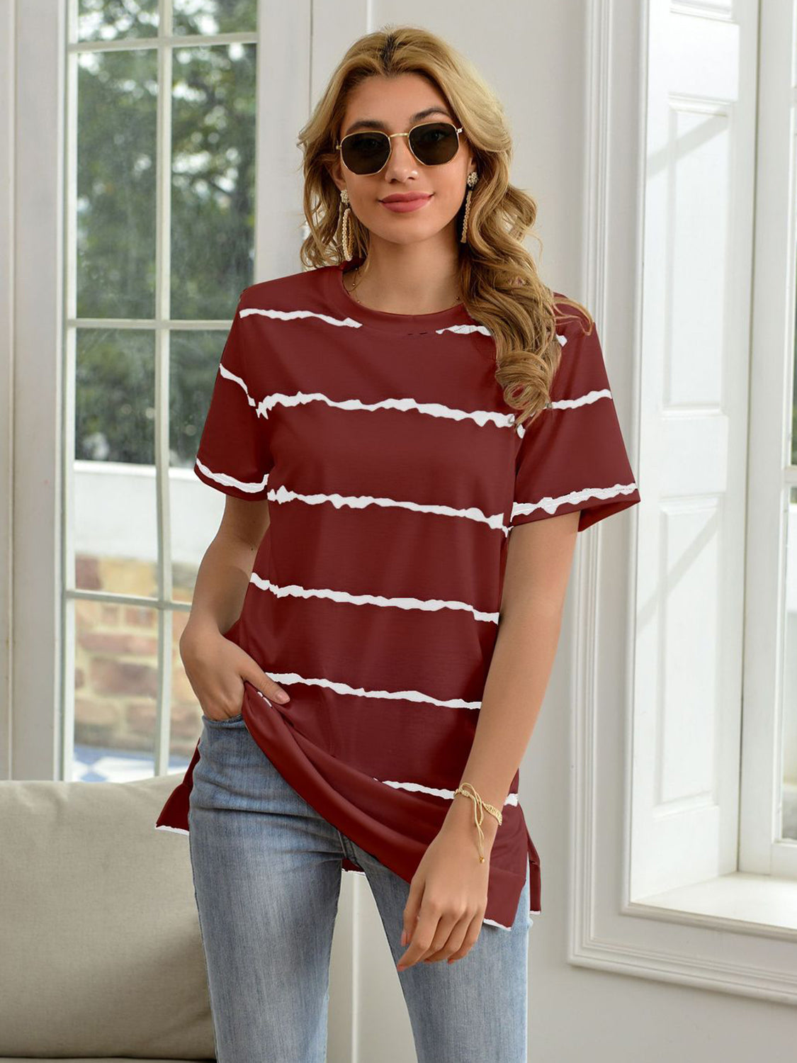 Striped Round Neck Short Sleeve T-Shirt-Jewearrings