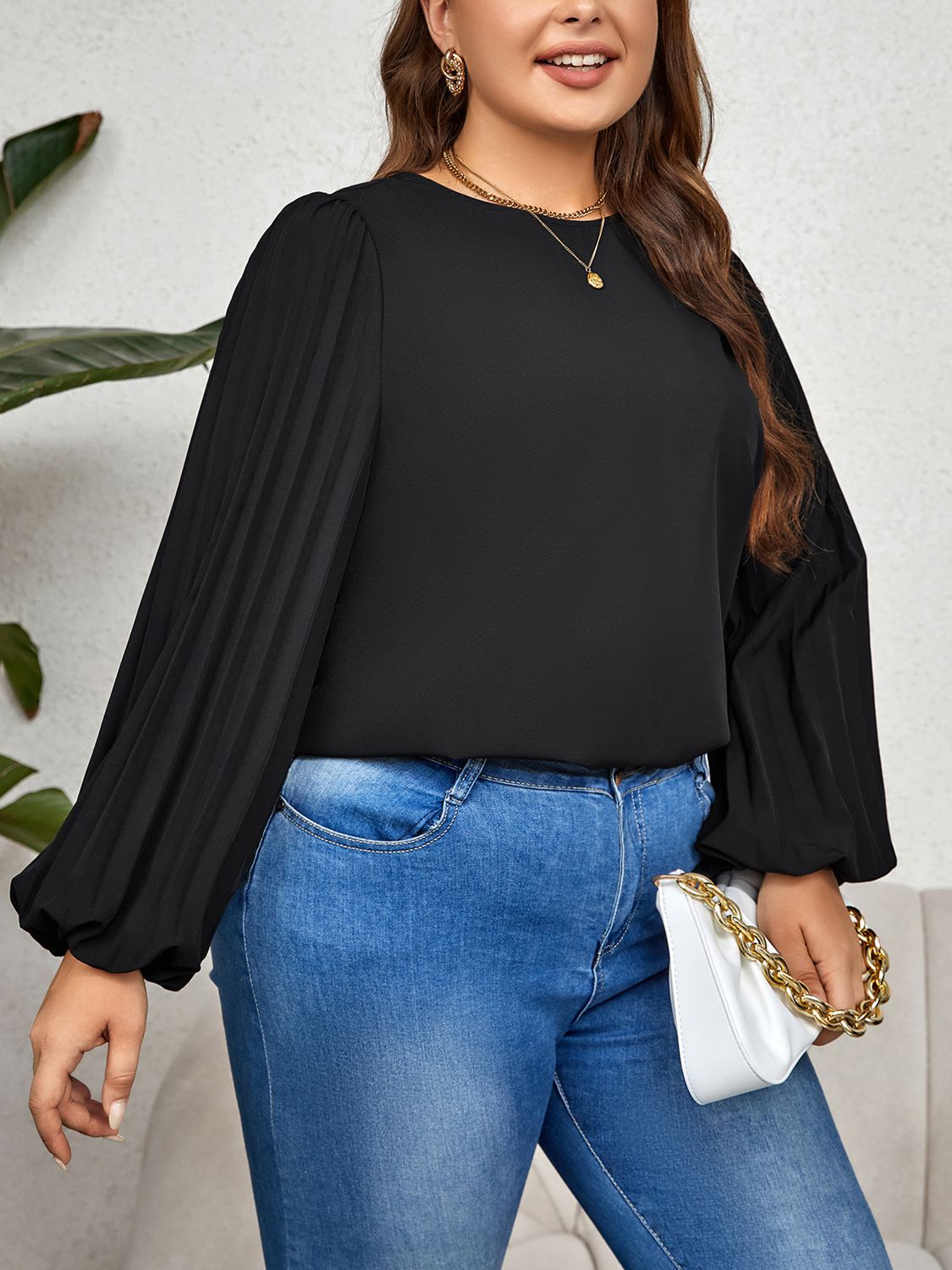 Plus Size Round Neck Puff Sleeve Blouse-Jewearrings