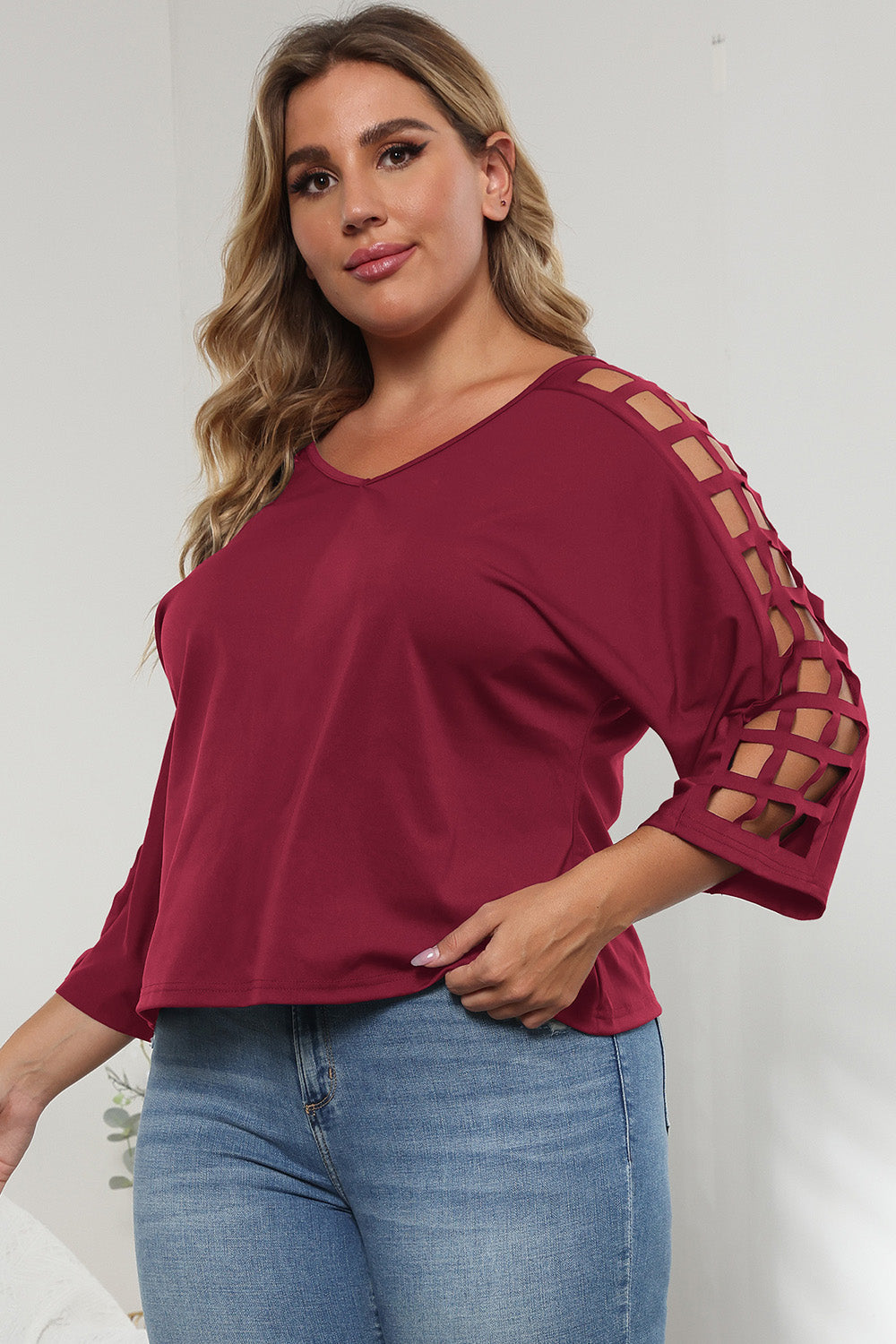 3/4 Sleeve Cutout Detail Top-Jewearrings