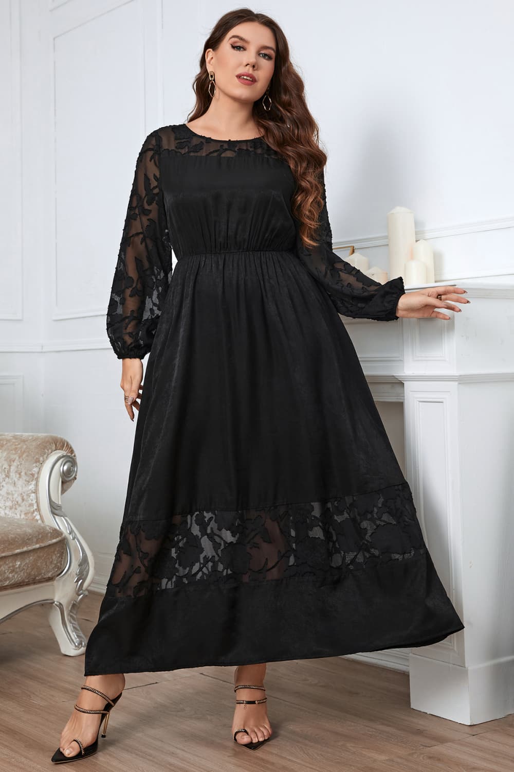 Melo Apparel Plus Size Embroidery Round Neck Long Sleeve Maxi Dress-Jewearrings