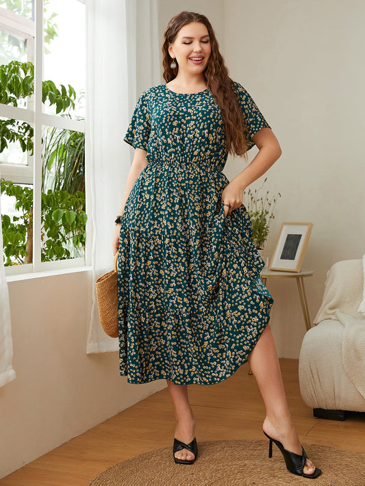 Plus Size Floral Round Neck Short Sleeve Midi Dress-Jewearrings