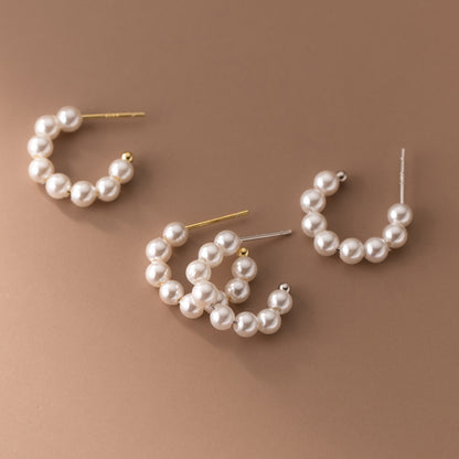 S925 Sterling Silver Temperament Synthetic Pearl C-shaped Earrings-Jewearrings