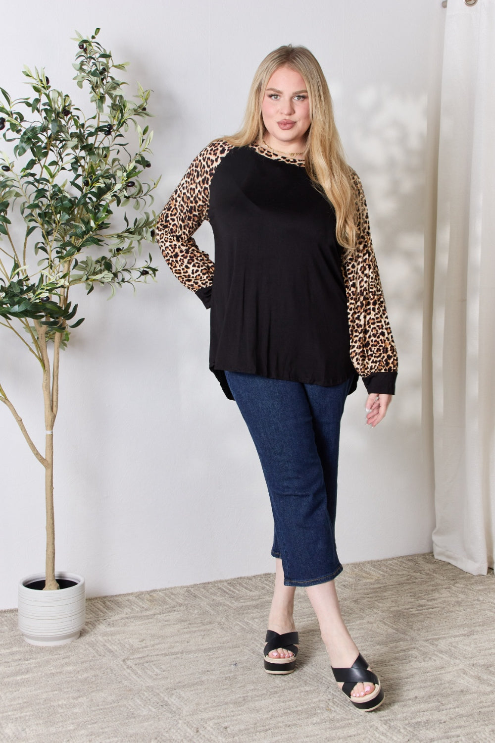 Celeste Full Size Leopard Round Neck Long Sleeve T-Shirt-Jewearrings