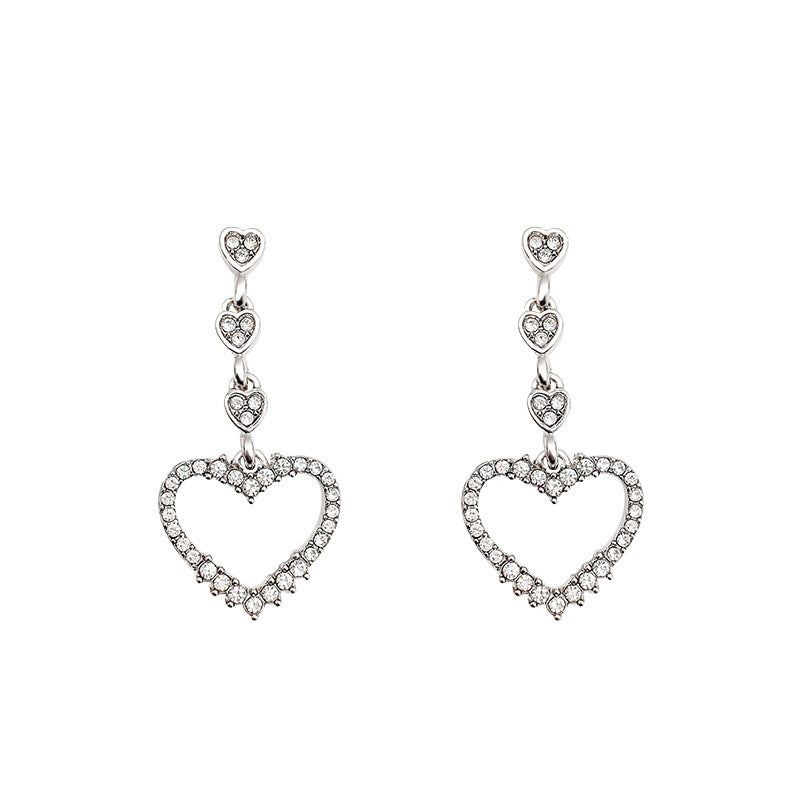 Sterling Silver Needle Sparkling Full Rhinestone Love Heart Earrings Female Ins-Jewearrings