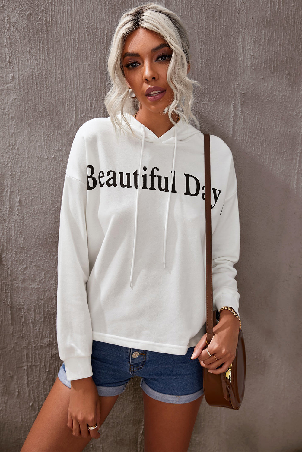 BEAUTIFUL DAY Graphic Drawstring Hoodie-Jewearrings