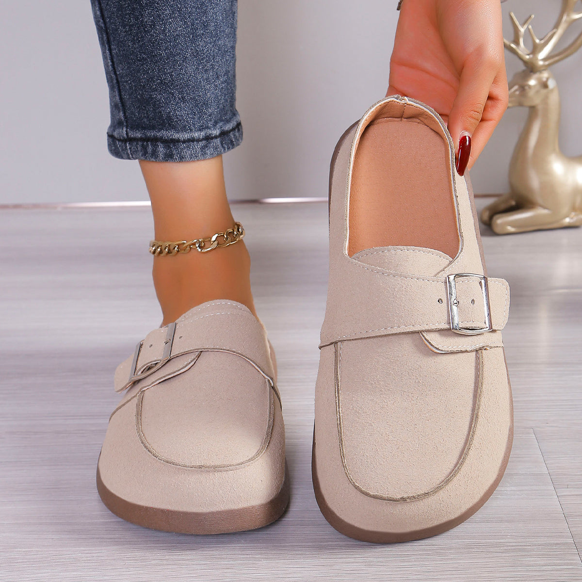 Suede Buckle Round Toe Loafers-Jewearrings